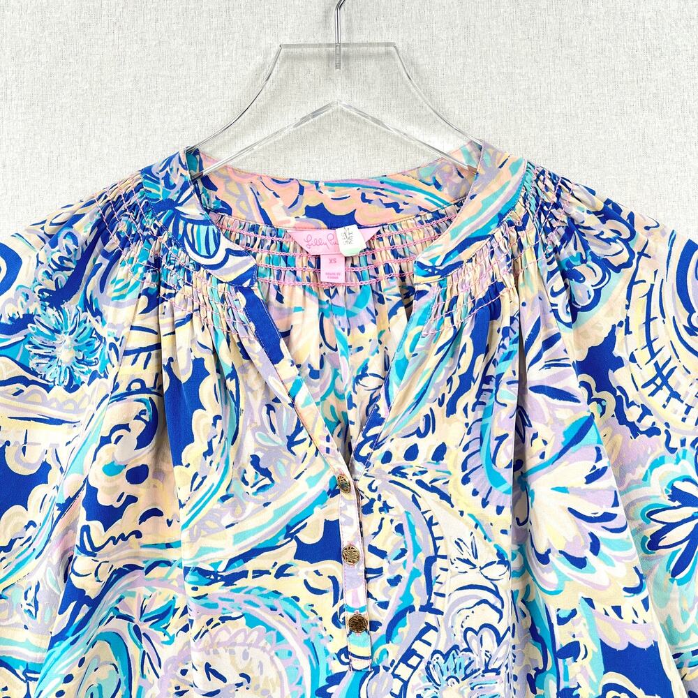 LILLY PULITZER Elsa Printed Silk Blouse Womens XS Blue Pink Long Sleeve Top FLAW - Picture 3 of 12